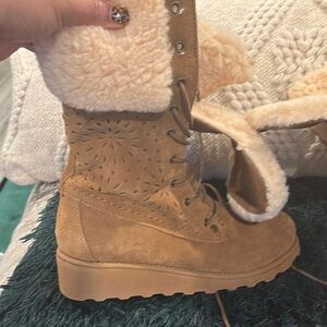 BearPaw Tan Combat Moto Boots with Faux Fur Lining